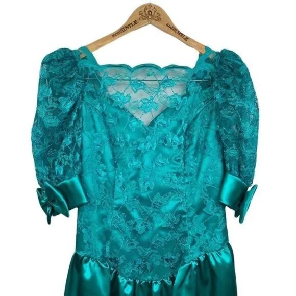 VINTAGE 80'S ILGWU UNION MADE WORKERS UNION TEAL/TURQUOISE FORMAL BOW DRESS 9 - Picture 4 of 16